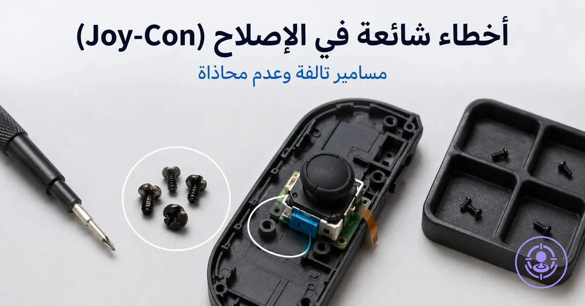 أمثلة على أخطاء شائعة في إصلاح انحراف Joy-Con مثل مسامير تالفة وقطع غير محاذية