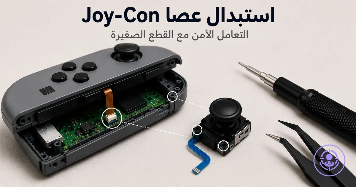 استبدال عصا Joy-Con باستخدام طقم إصلاح الانحراف مع توضيح كابل الشريط ومحاذاة الوحدة