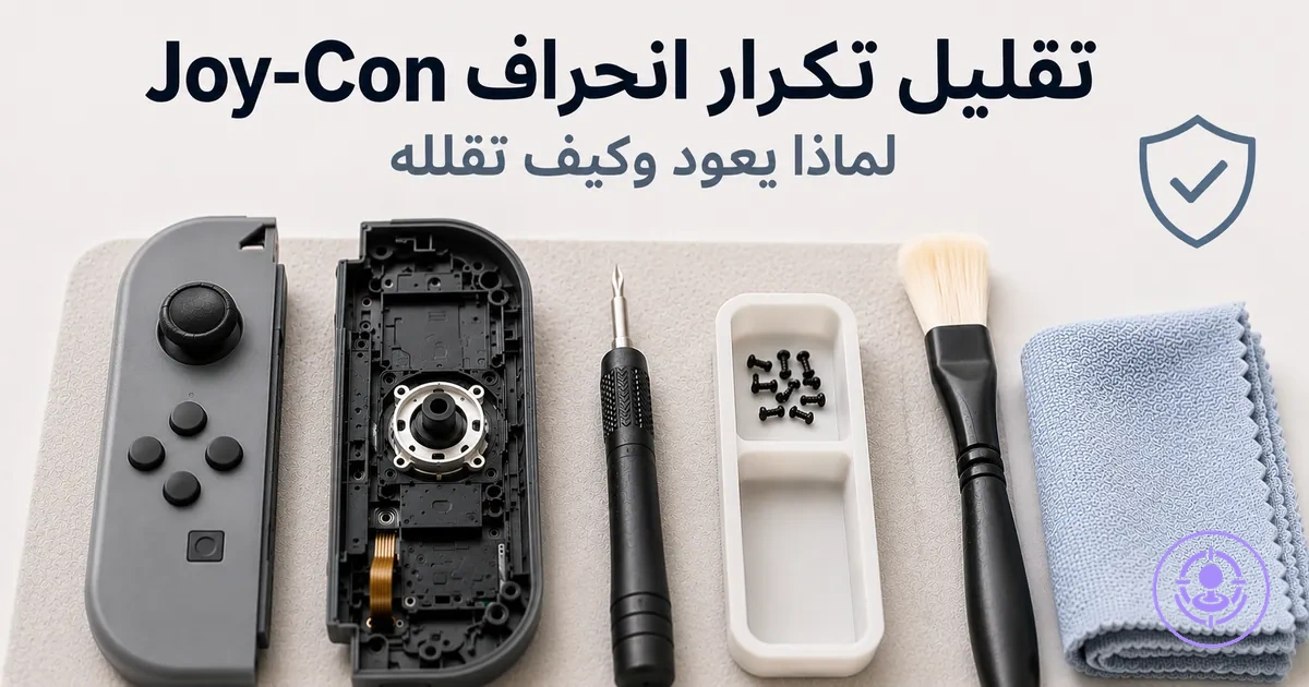 مشهد عناية بعد إصلاح انحراف Joy-Con يوضح تنظيف المنطقة والتعامل بحذر لتقليل تكرار الانحراف