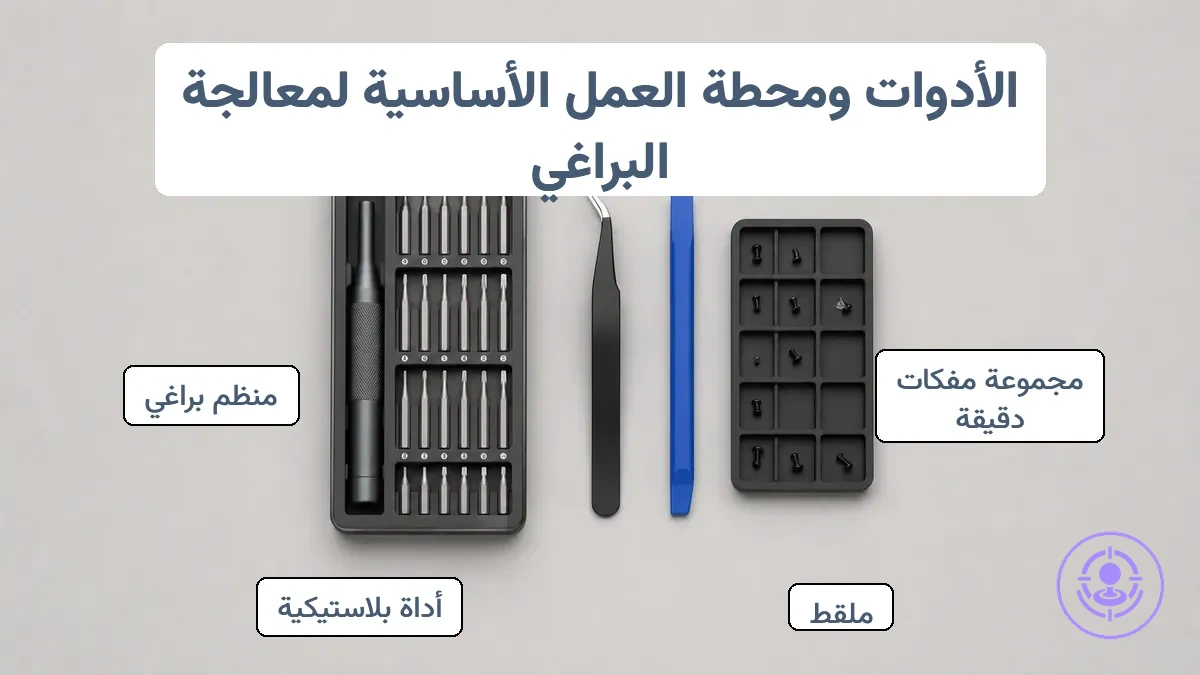 أدوات مساحة عمل منظمة لاستبدال عصا Joy-Con تظهر صينية البراغي والمفكات الدقيقة.