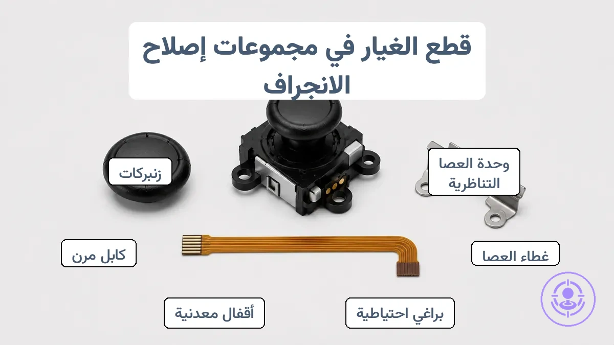 الأجزاء البديلة في طقم إصلاح انحراف Joy-Con موضحة: وحدة العصا التناظرية، أغطية العصا، والمسامير الصغيرة.