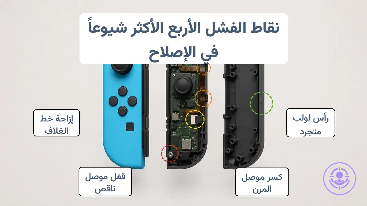 رسم تخطيطي يوضح نقاط اللمس في إصلاح Joy-Con: رؤوس المسامير، الكابل الشريطي، مزلاج الموصل، ومقعد الغطاء.