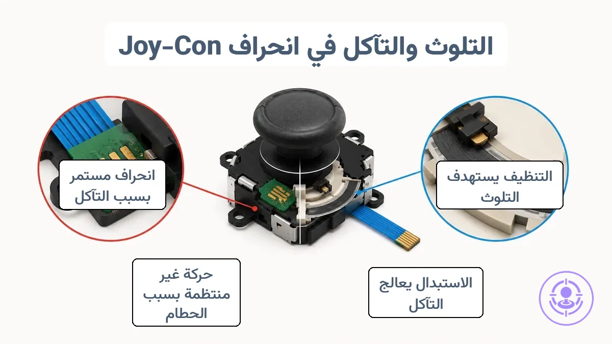 رسم تخطيطي لوحدة عصا تحكم Joy-Con يظهر منطقة تلوث قرب وسادات التلامس مكتوب عليها التنظيف يؤثر على هذا ونقطة تآكل على المسار المقاوم مكتوب عليها الاستبدال يؤثر على هذا