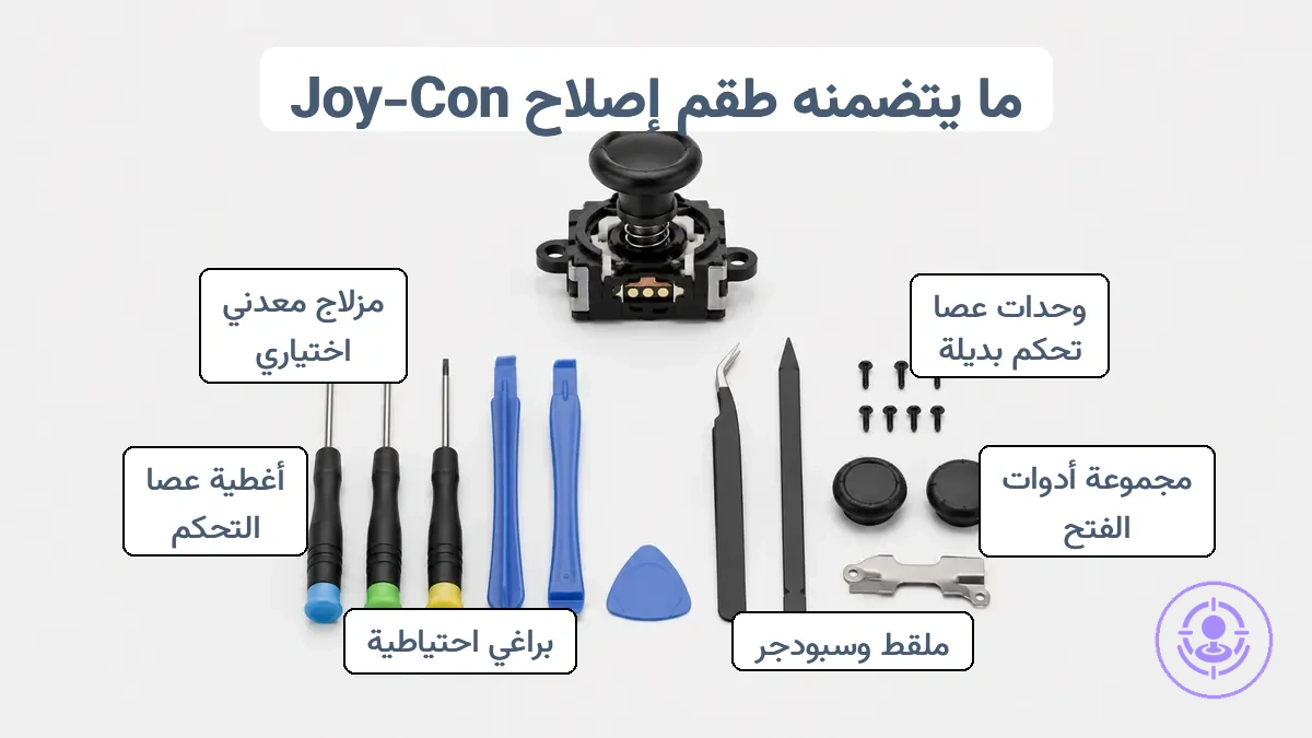صورة توضيحية لما يأتي عادة في طقم إصلاح انحراف Joy-Con على مستوى عالٍ