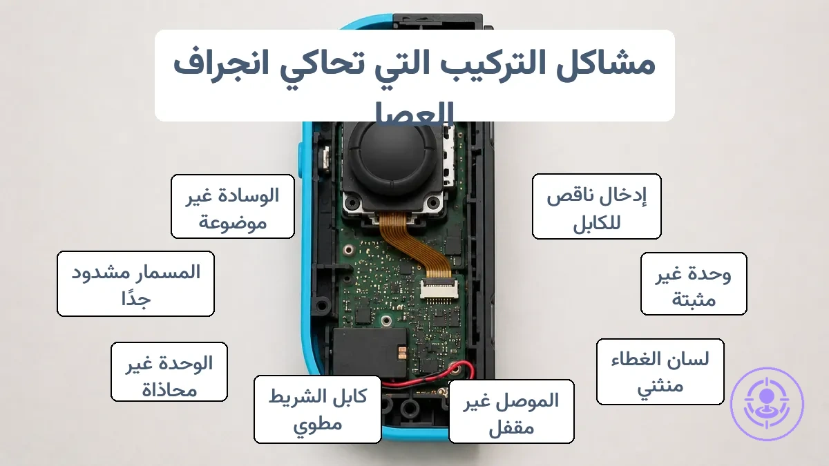 رسم تخطيطي توضيحي لداخلية Joy-Con يوضح نقاط تثبيت وحدة العصا والموصل التي يمكن أن تحاكي الانحراف بعد الإصلاح