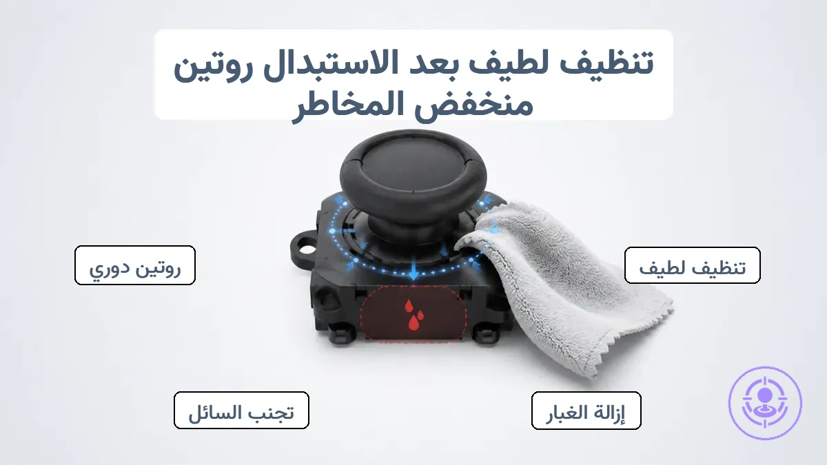 منطقة ذراع Joy-Con مشروحة تظهر نقاط التنظيف اللطيف وتحذير من تجنب السوائل الزائدة.