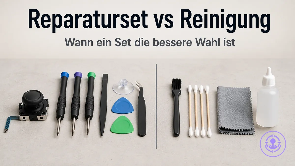 Joy-Con-Drift-Reparaturset neben Reinigungsmitteln, um Austausch und Reinigung sinnvoll abzugrenzen