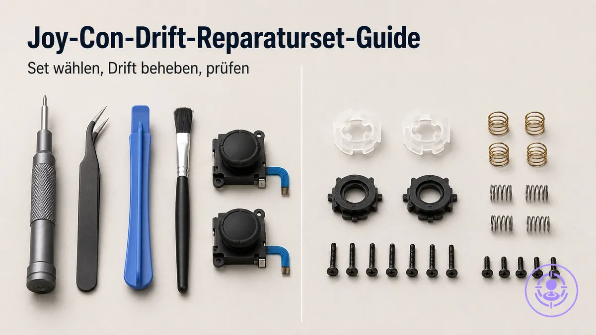 Joy-Con-Drift-Reparaturset mit typischen Werkzeugen und Ersatzteilen, übersichtlich ausgelegt für Auswahl und Reparaturplanung