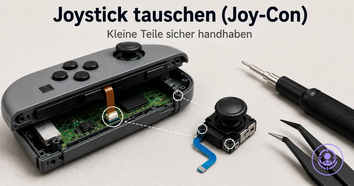 Joystick-Austausch am Joy-Con mit Reparaturset, mit Fokus auf Flachbandkabel und Modul-Ausrichtung