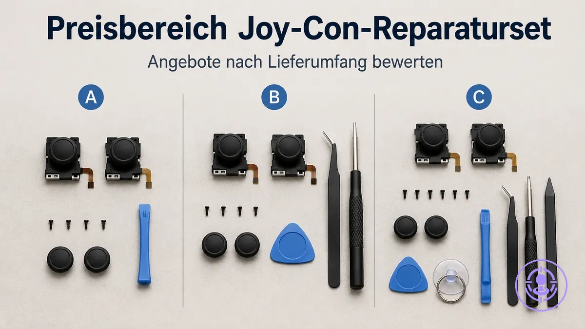 Joy-Con-Drift-Reparatursets mit unterschiedlichem Lieferumfang, um den Zusammenhang mit dem Preisbereich zu zeigen