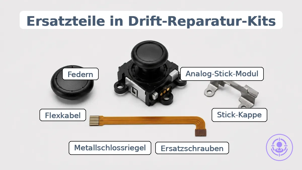 Joy-Con-Drift-Reparaturset Ersatzteile beschriftet: Analogstick-Modul, Thumbstick-Kappen und Kleinteile.