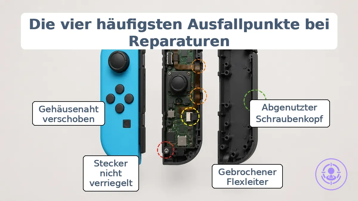 Diagramm, das die Joy-Con-Reparatur-Berührungspunkte zeigt: Schraubenköpfe, Flachbandkabel, Steckerverriegelung und Gehäusesitz.