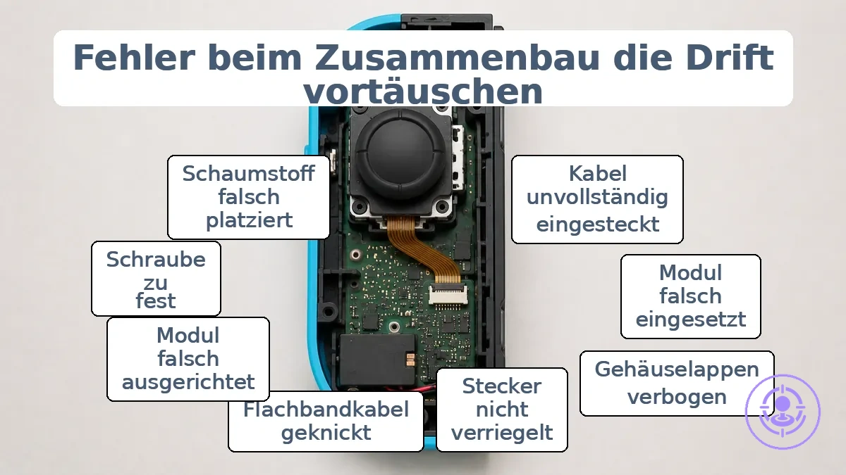 Kommentierte Joy-Con-Innenansicht, die Joystick-Modul und Steckersitzpunkte zeigt, die nach einer Reparatur Drift imitieren können