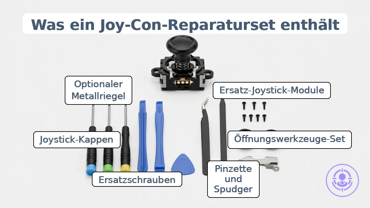 Annotierte Übersicht über den typischen Inhalt eines Joy-Con-Drift-Reparatursets