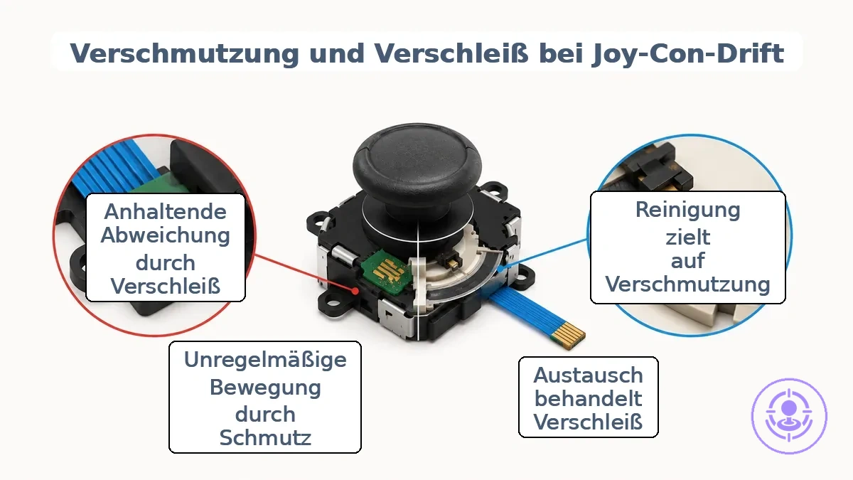 Diagramm eines Joy-Con-Joystick-Moduls, das eine Verunreinigungszone nahe den Kontaktpads mit der Beschriftung Reinigung betrifft dies und eine Verschleißstelle auf der resistiven Spur mit der Beschriftung Austausch betrifft dies zeigt