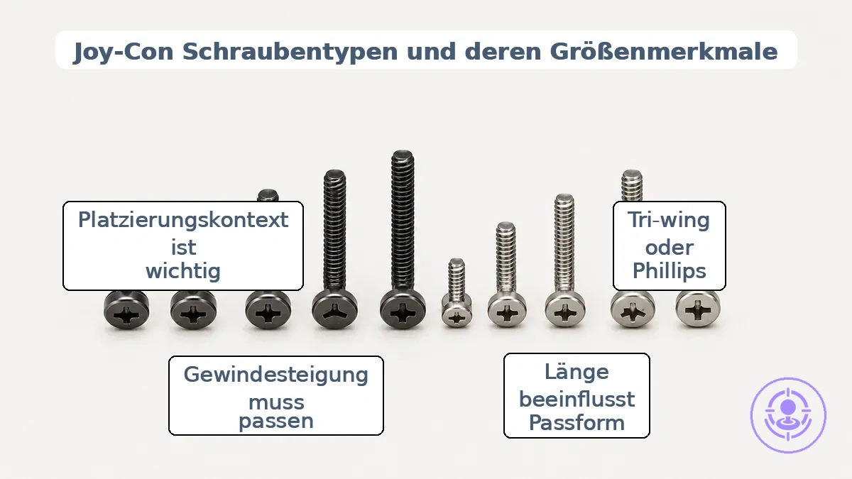 Kommentierte Joy-Con-Reparaturschrauben mit verschiedenen Längen und Kopfprofilen für sicherere Zuordnung.