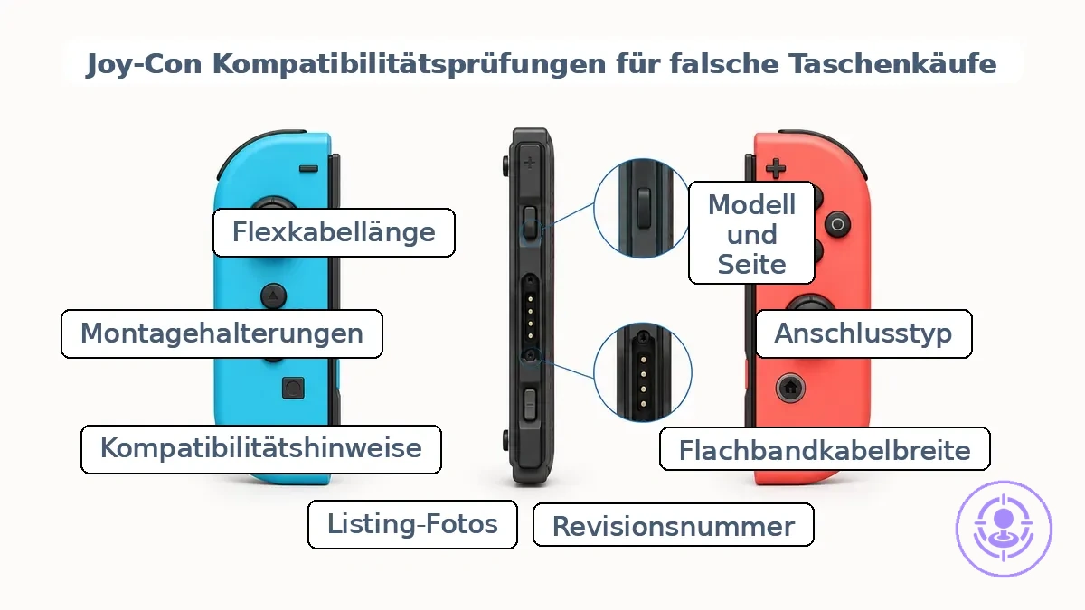Beschrifteter Joy-Con mit Seitenkennzeichnung und Anschlussbereich für Kompatibilitätsprüfungen