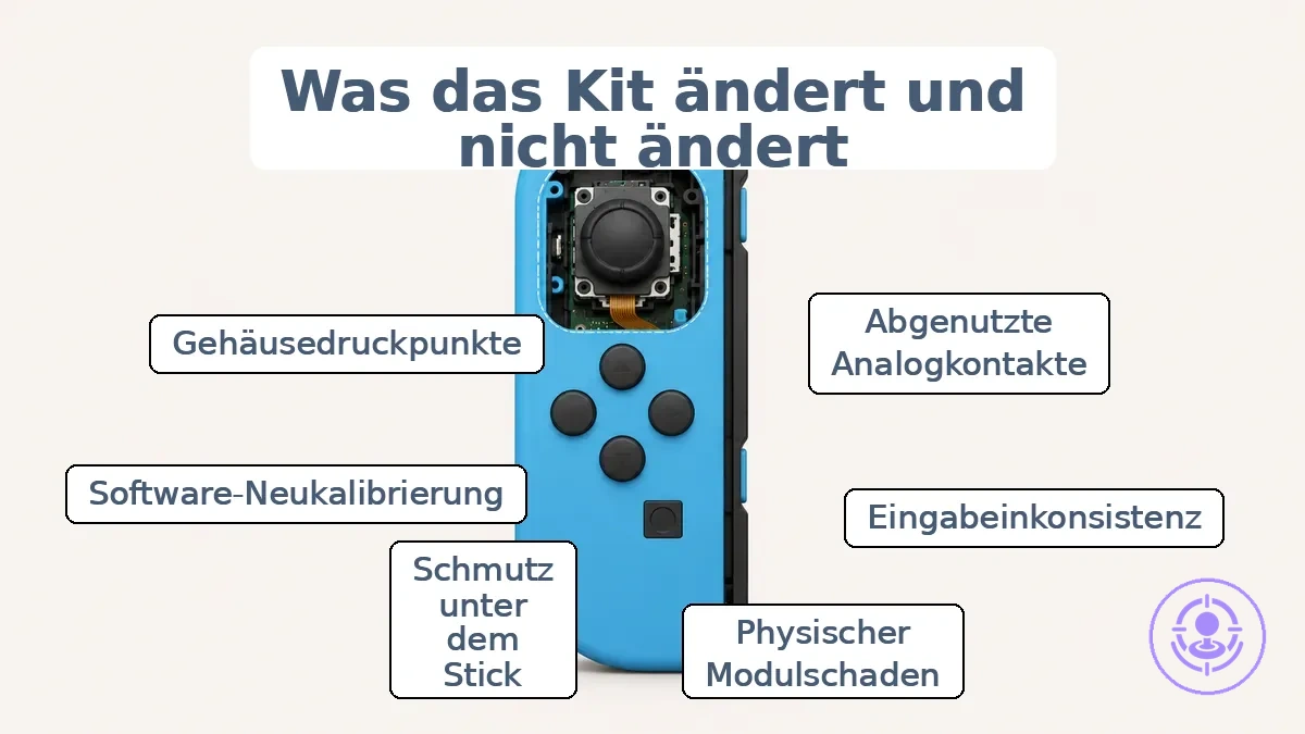 Position des Joy-Con-Moduls und was ein Reparaturset abdeckt.