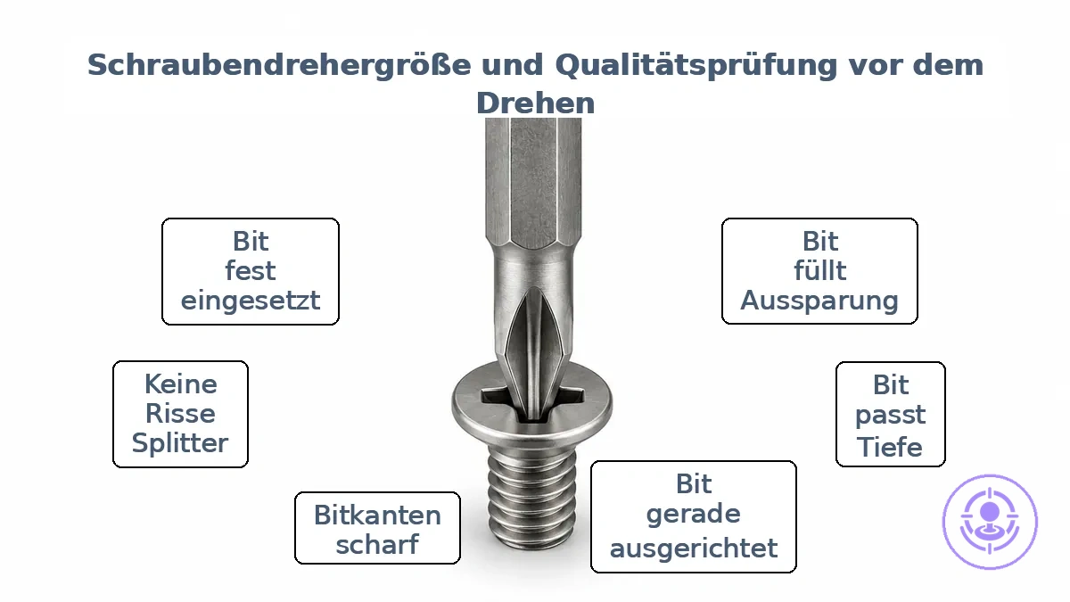 Nahaufnahme eines in einem Schraubenkopf sitzenden Schraubendreherbits, der korrekte Passform und Ausrichtung zeigt.