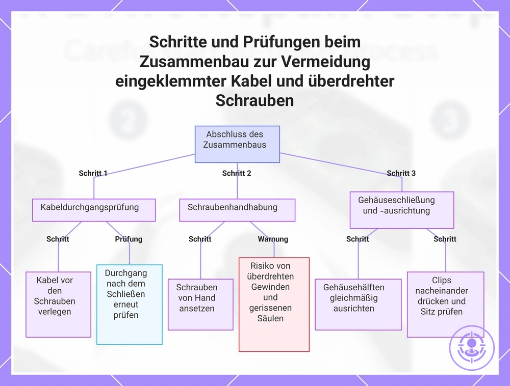 Schritte und Prüfungen beim Zusammenbau zur Vermeidung eingeklemmter Kabel und überdrehter Schrauben