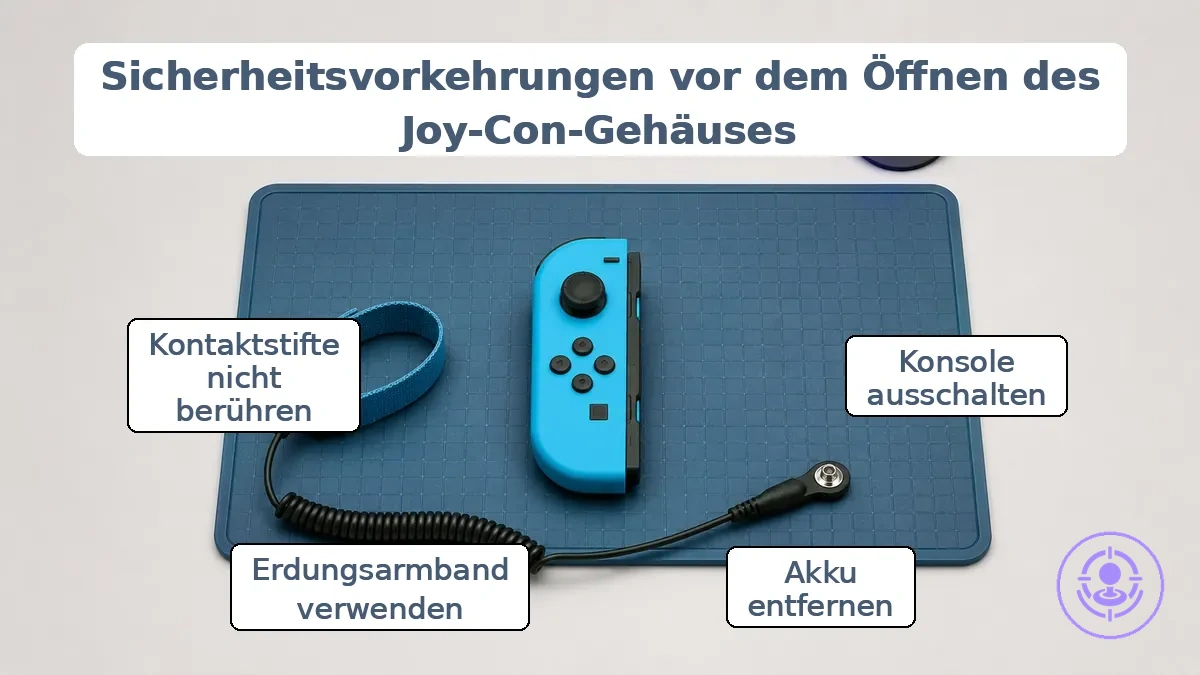 Prioritätsreihenfolge der Sicherheitskontrollen für die Joy-Con-Drift-Reparaturvorbereitung, die Schritte zur Stromtrennung und statischen Kontrolle zeigt.
