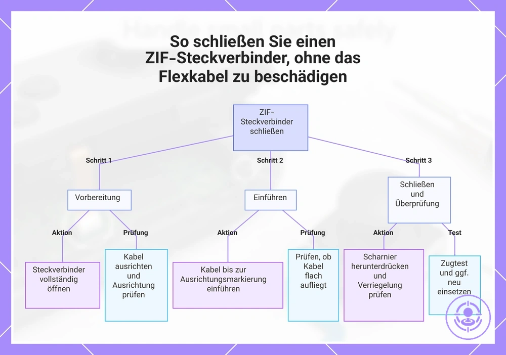 So schließen Sie einen ZIF-Steckverbinder, ohne das Flexkabel zu beschädigen