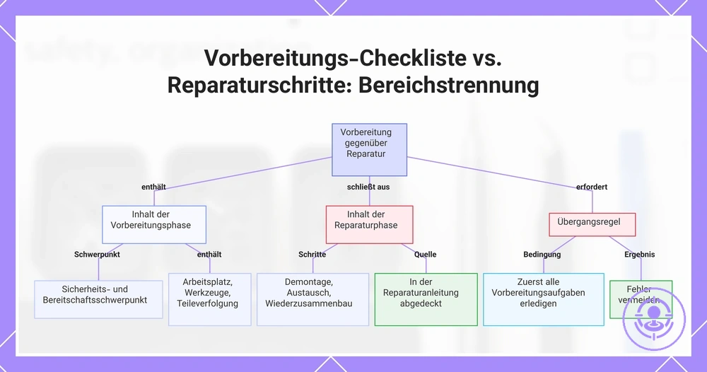 Vorbereitungs-Checkliste vs. Reparaturschritte: Bereichstrennung