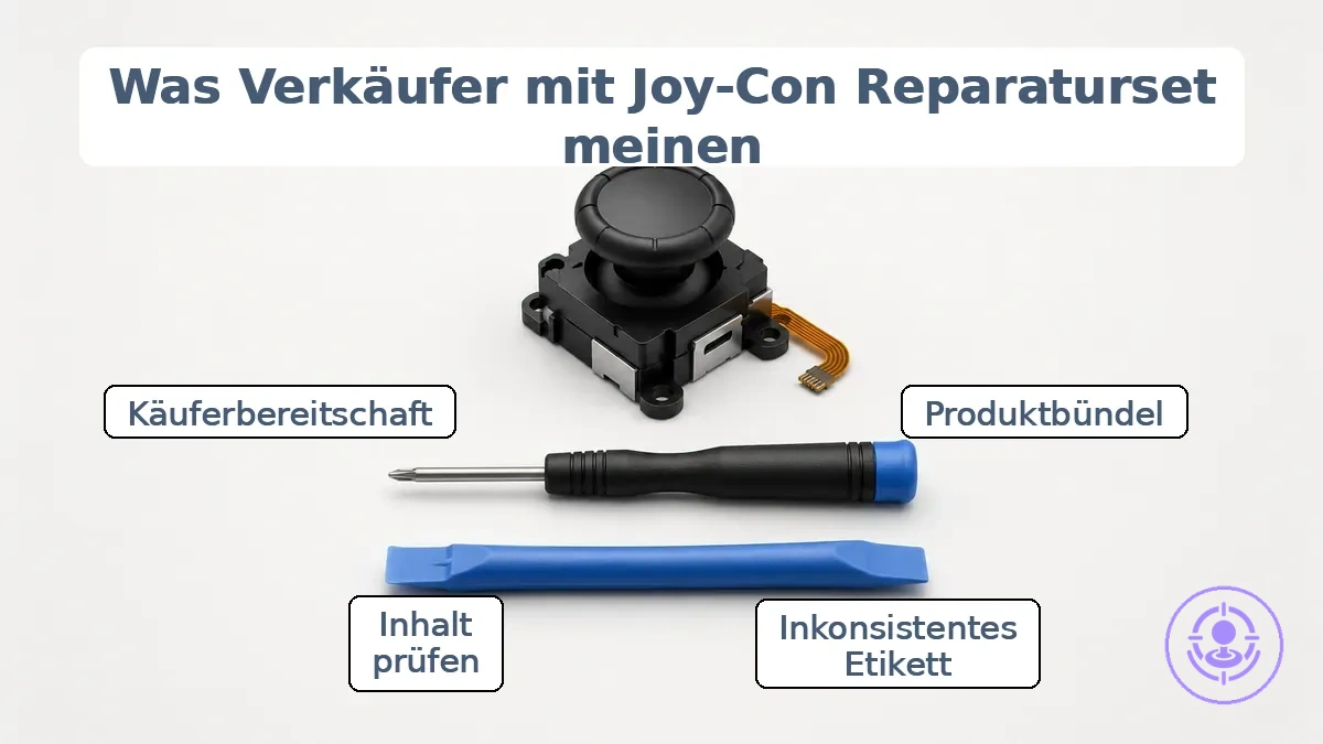 Diagramm mit typischen Teilen, Werkzeugen und Zubehör in einem Joy-Con-Drift-Reparaturset