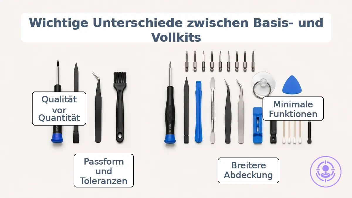 Beschriftetes Beispiel mit Basis- und Komplett-Werkzeugsatz für Joy-Con-Reparatur, nach Werkzeugaufgabe gruppiert.