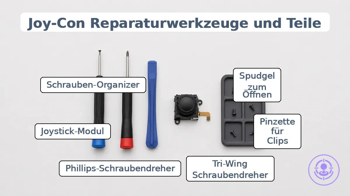 Erforderliche Werkzeuge und Teile für die Joy-Con-Drift-Reparatur: Tri-Wing-Schraubendreher, Phillips-Schraubendreher, Spudger und Ersatz-Joystick-Modul.