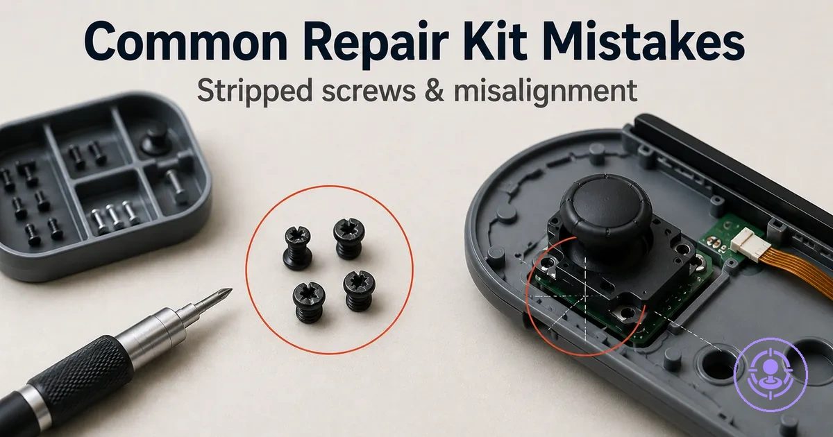Common Joy-Con drift repair kit mistakes shown with stripped screws and misaligned parts as examples
