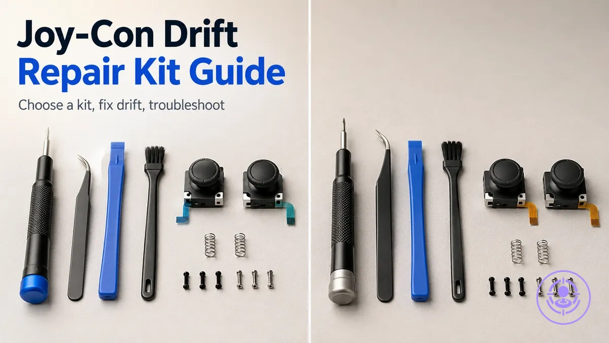 Joy-Con drift repair kit with typical tools and replacement parts laid out for selection and repair planning