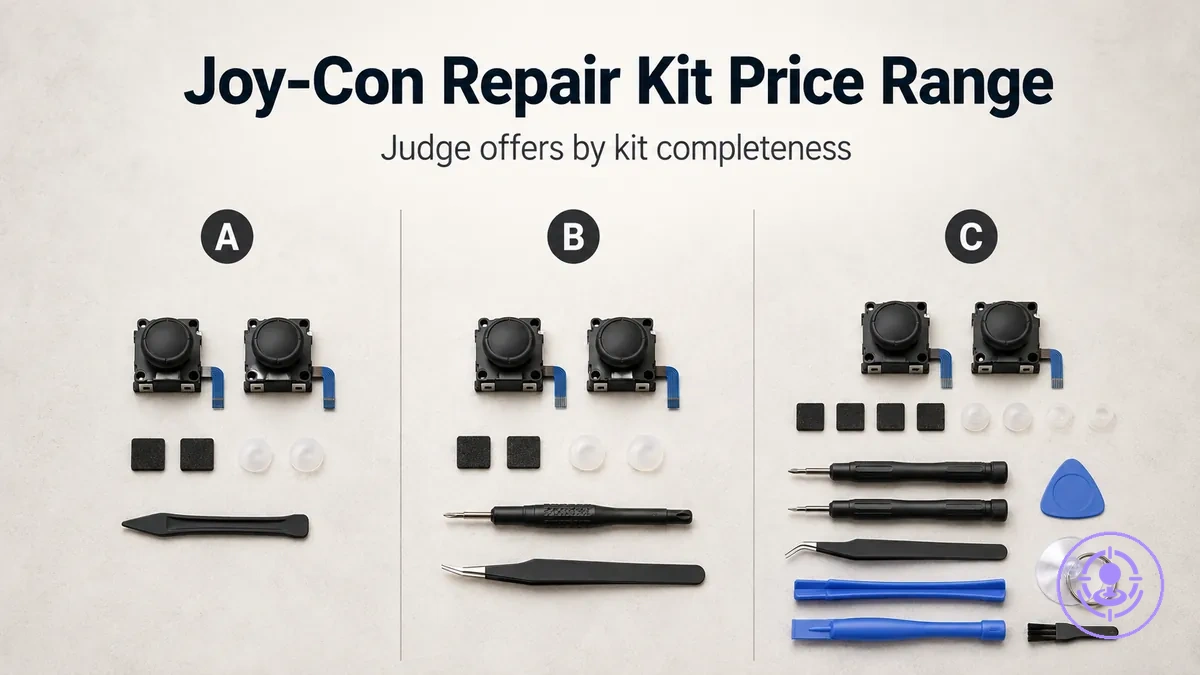 Joy-Con drift repair kit bundles with different included tools to illustrate how completeness affects price range