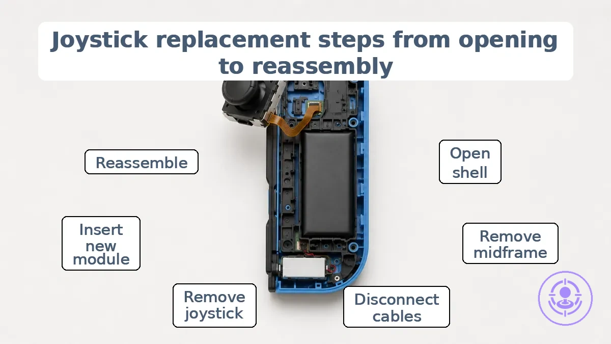 Step-by-step stages for Joy-Con joystick module replacement from opening the shell to reassembly.