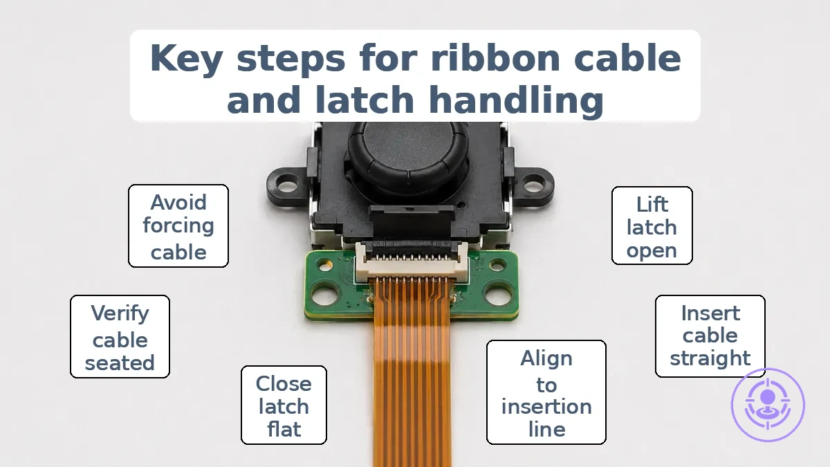 Ribbon cable connector latch position and seated alignment during Joy-Con joystick replacement.