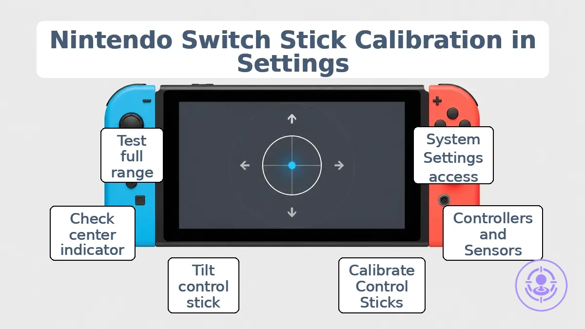 Nintendo Switch stick calibration in system settings showing control stick calibration screen.