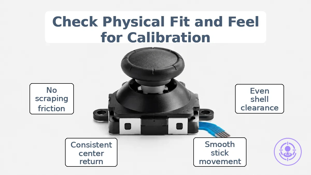 Photo showing thumbstick cap fit and shell clearance affecting calibration outcomes.
