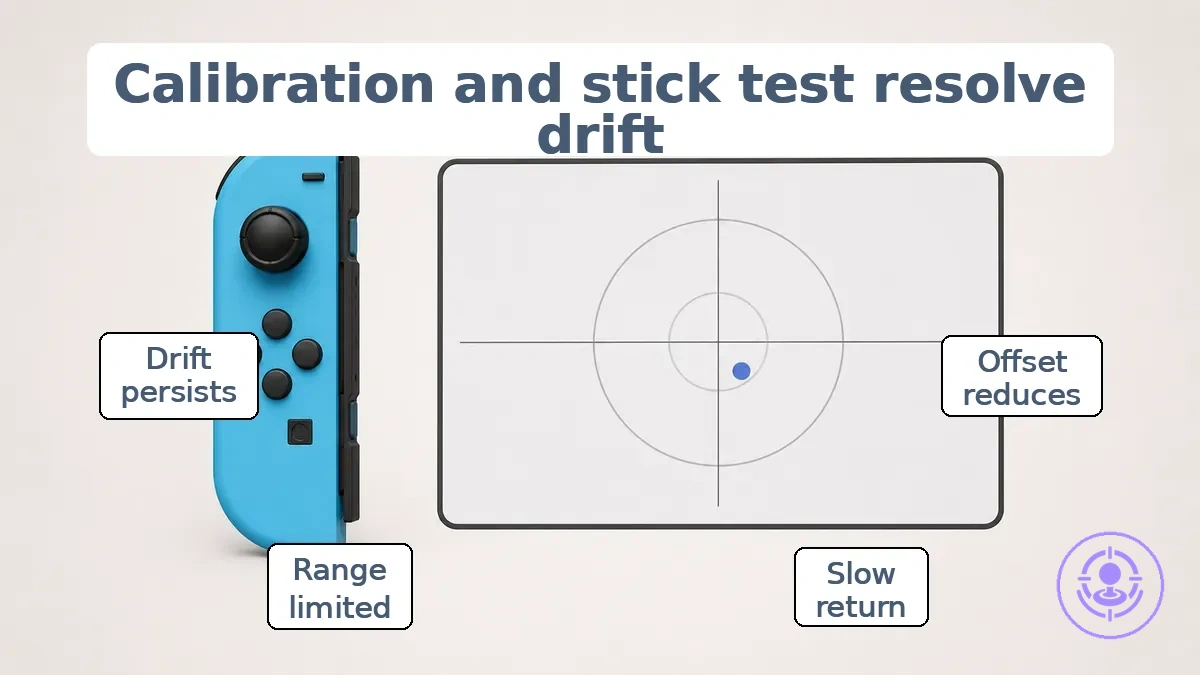 Annotated stick test example showing Joy-Con center point and off-center reading after joystick replacement