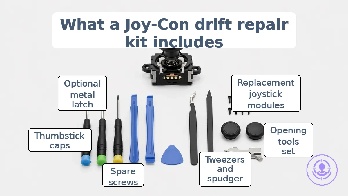 Annotated visual of what usually comes in a joy-con drift repair kit at a high level