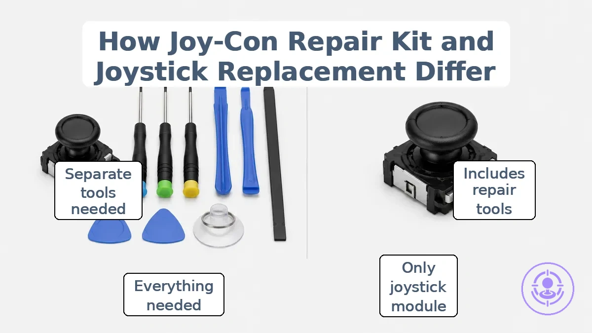 Annotated visual of joy-con drift repair kit vs joystick replacement: how the terms relate