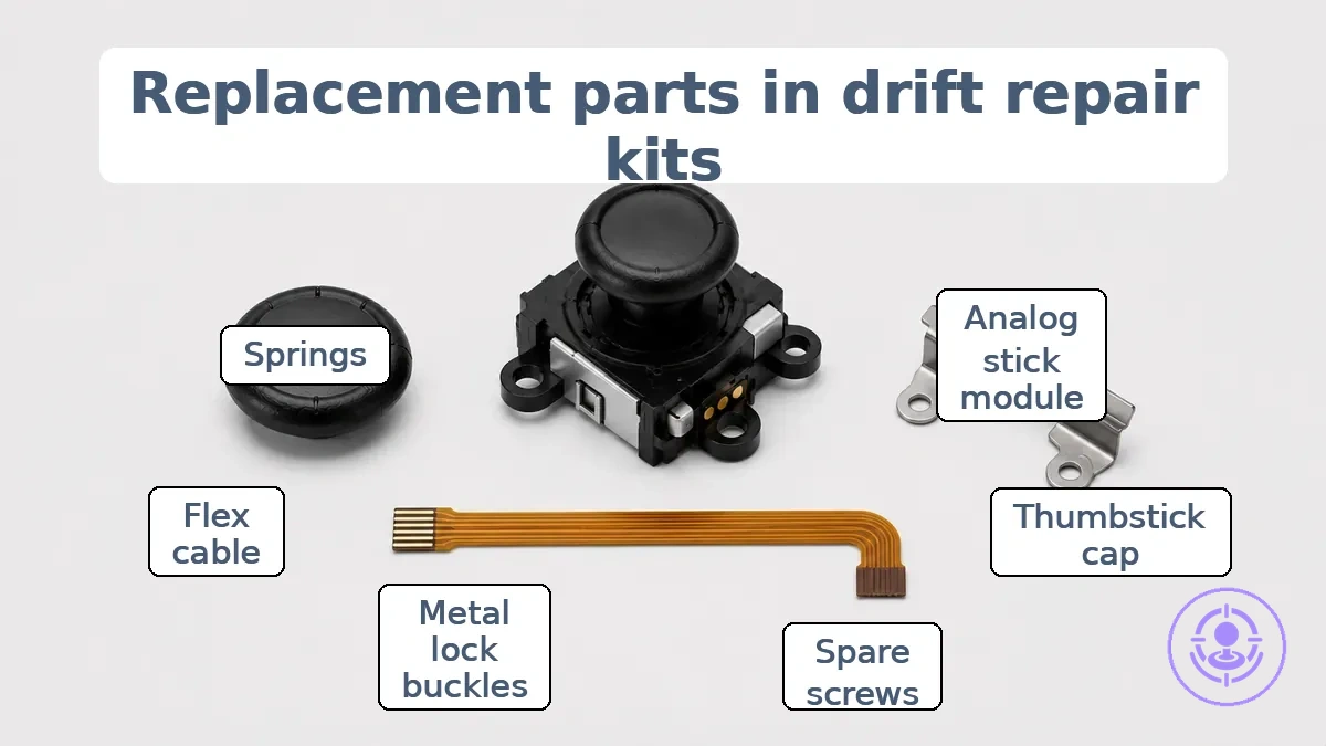 Joy-Con drift repair kit replacement parts labeled: analog stick module, thumbstick caps, and small hardware.