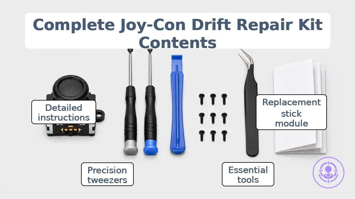 Joy-Con drift repair kit included parts and commonly missing tools labeled for quick comparison.