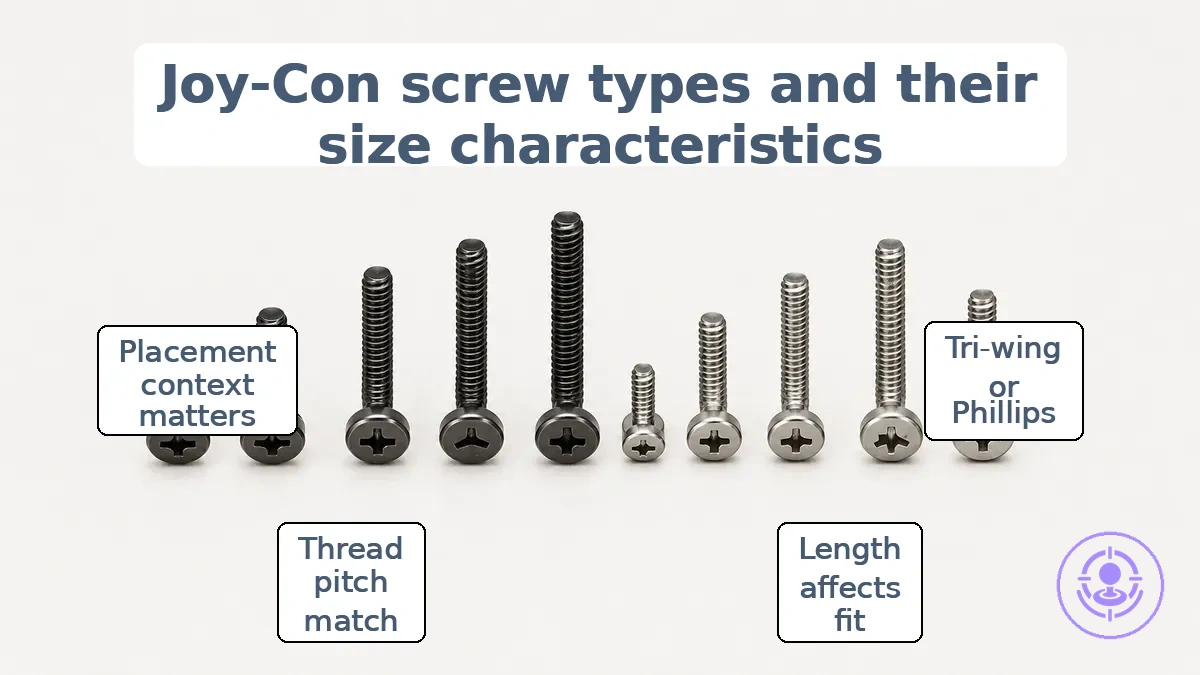 Annotated Joy-Con repair screws showing different lengths and head profiles for safer matching.