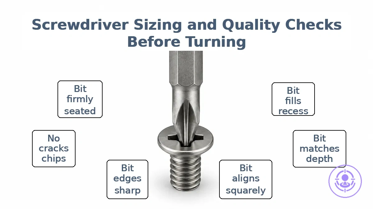 Close-up of screwdriver bit seated in a screw head, showing proper fit and alignment.