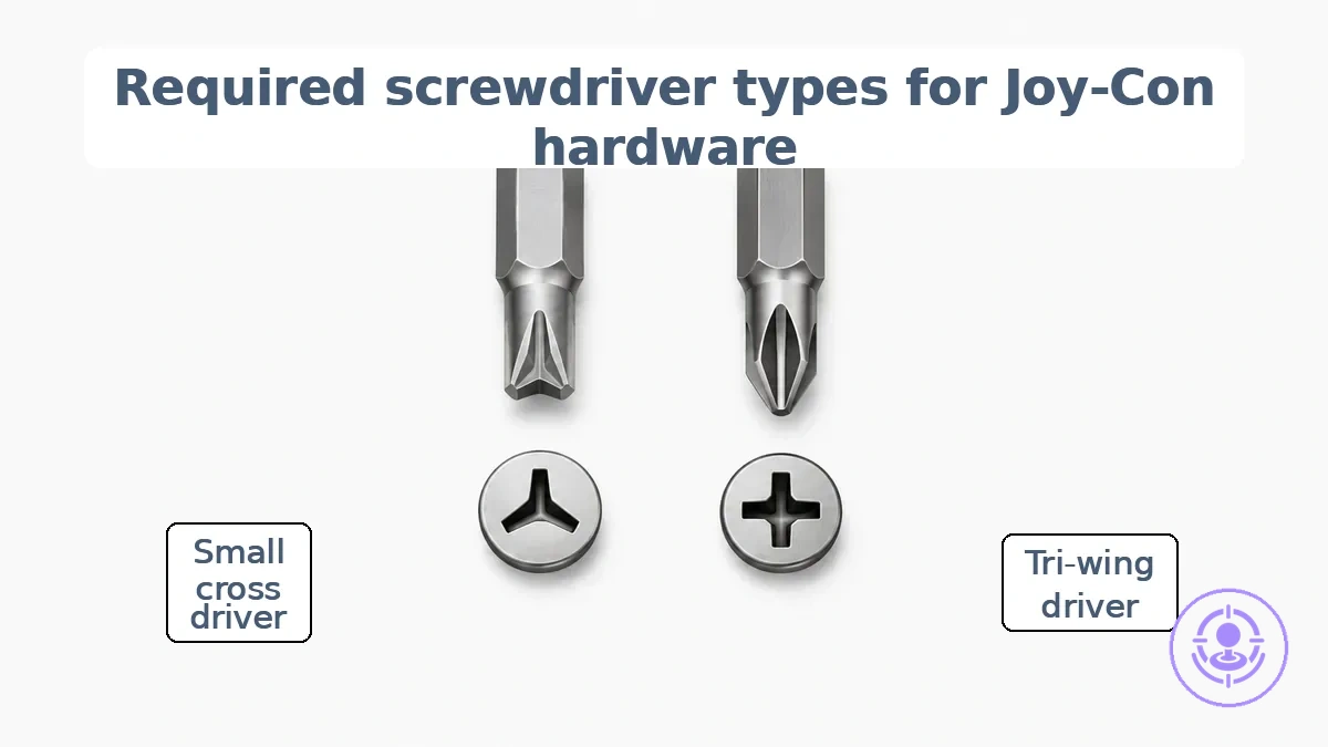 Comparison of tri-wing and small cross screwdriver tips matched to Joy-Con screw head shapes.
