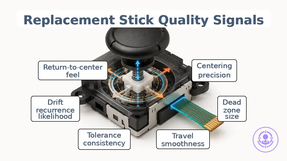 Labeled replacement Joy-Con joystick module showing centering and travel cues