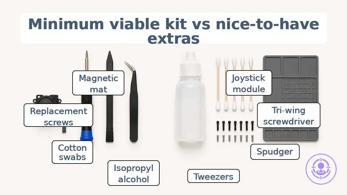 Diagram of Joy-Con drift repair essentials versus optional extras for a minimum viable kit.