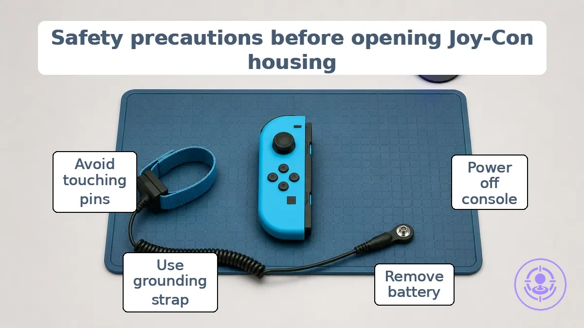 Safety control priorities for Joy-Con drift repair preparation, showing power isolation and static control steps.