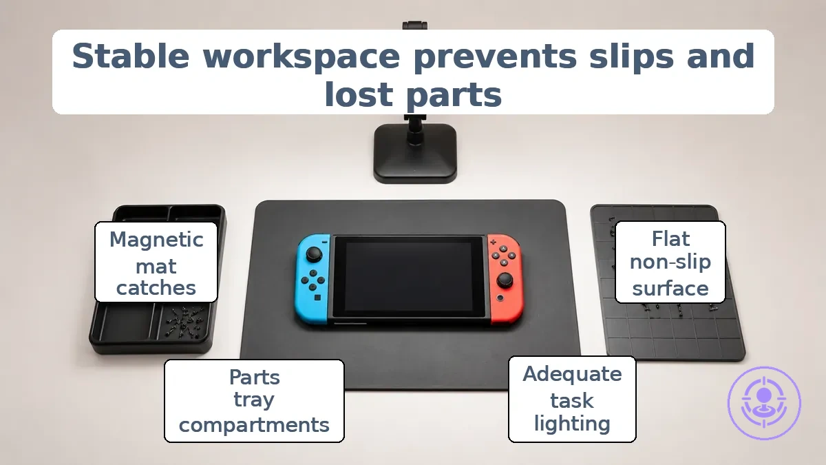 A well-lit workspace with a parts tray and magnetic mat arranged on a stable surface