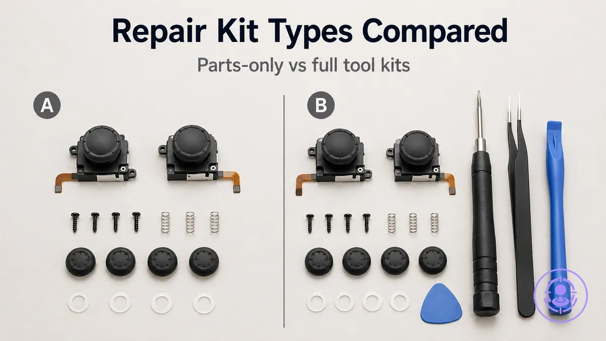 Side-by-side view of parts-only and full tool Joy-Con drift repair kits for comparing what you get